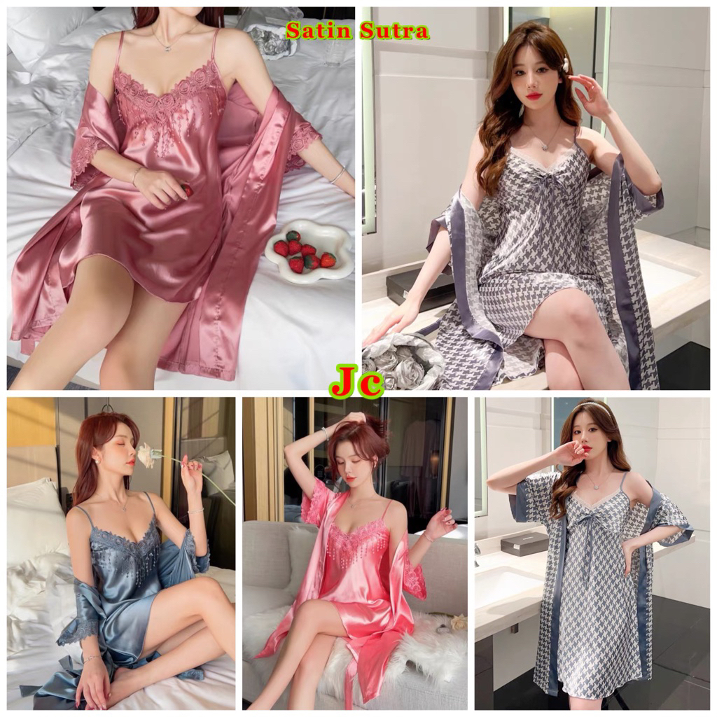 JC- Kimono Set 2in1 Bludru Sutra / Baju tidur Kimono Satin Import / Kimono Pengantin / Kimono Sexy I