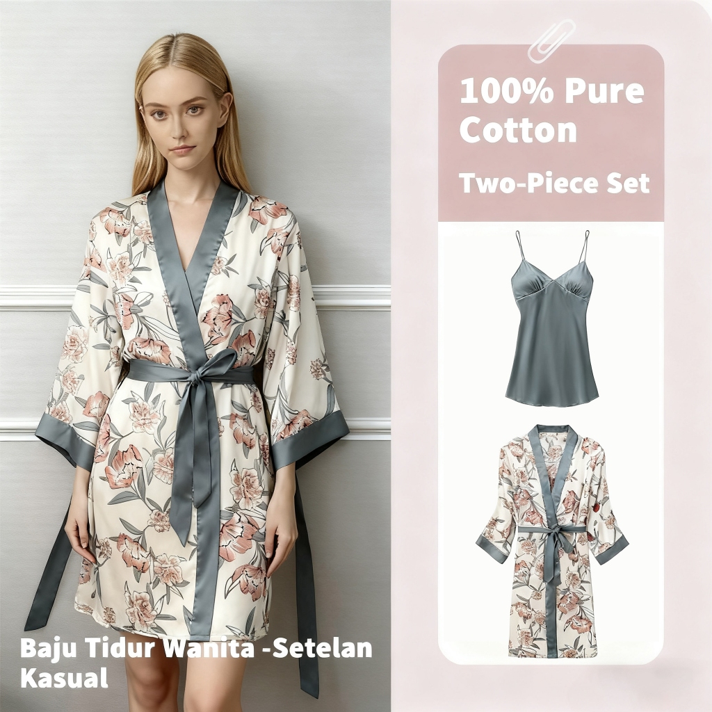 Piyama Seksi Wanita Sutra Es - Setelan Dress Tanktop + Robe Lengan Panjang/One Set Wanita Kekinian/S