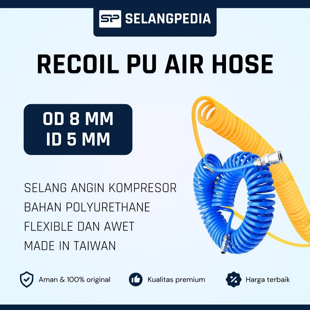 Selang Recoil Hose PolyUrethane PU Taiwan Kompresor Angin OD 8 mm x ID 5 mm Termasuk Include Nozzle 