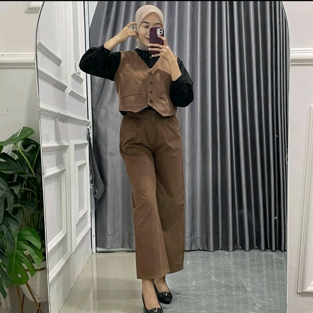 Viora Set Rompi dan Celana Wanita Corduroy One Set Setelan Wanita Kekinian