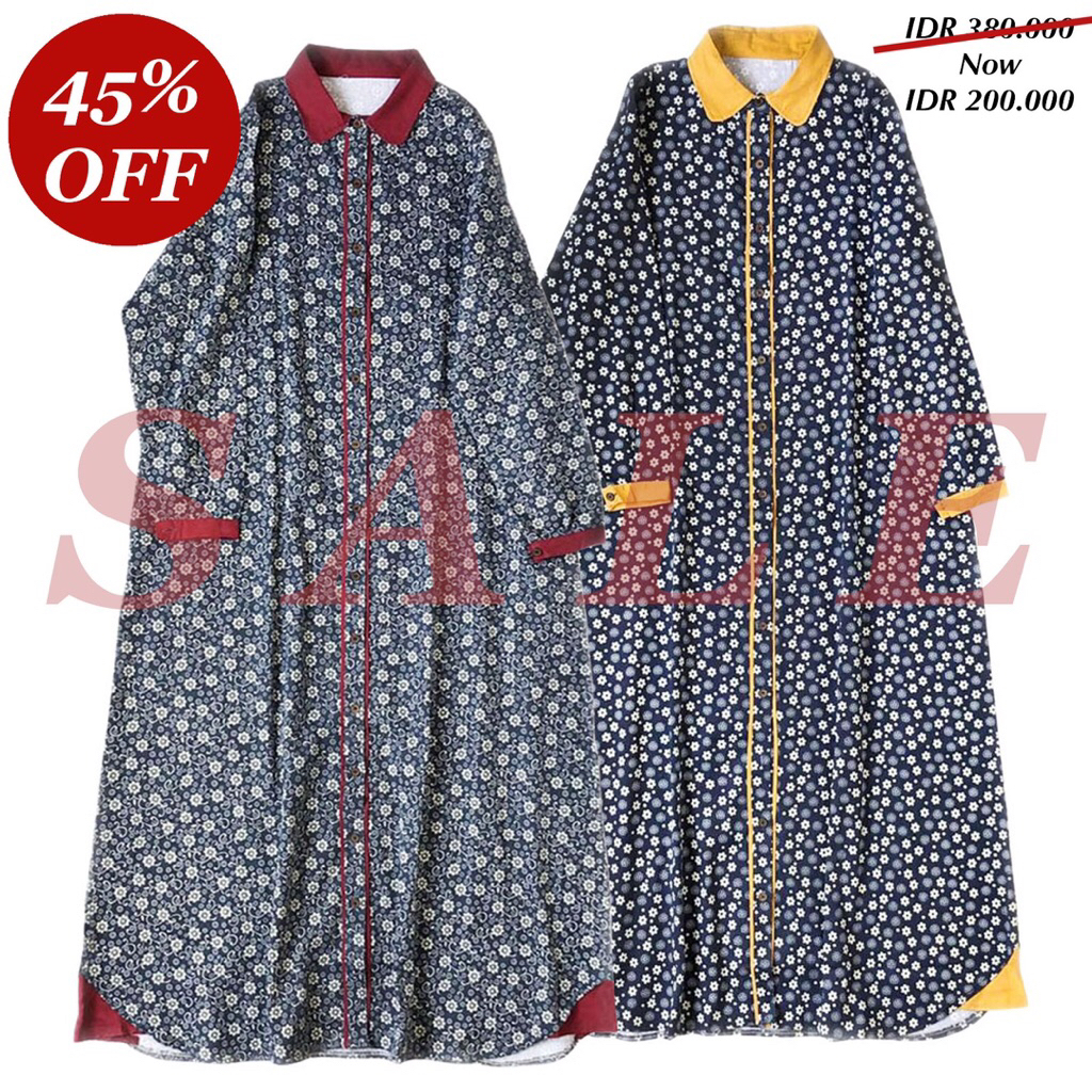 DRESS KEMEJA PANJANG GAMIS DENIM JEANS BUNGA BATIK BIRU MUDA NAVY ~ SALE