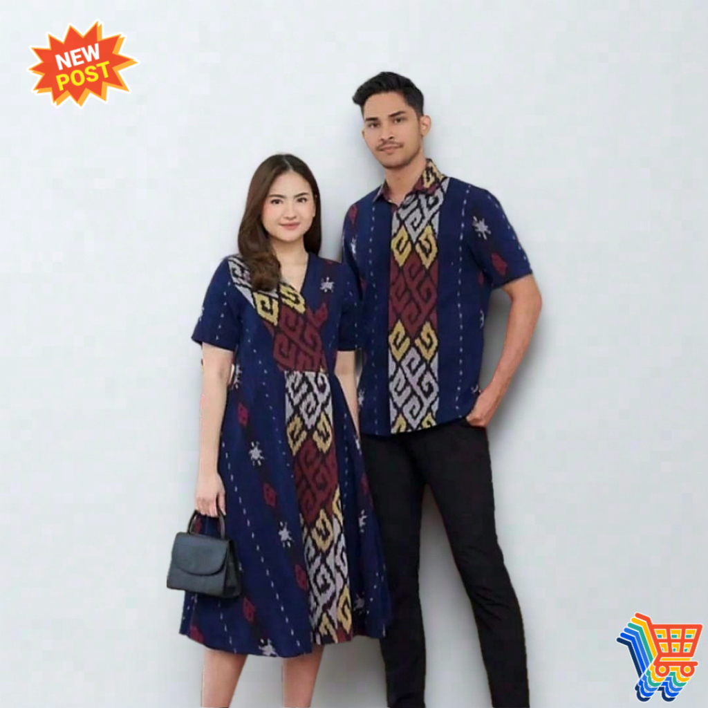 COUPLE TENUN BIRU NAVY DRESS WANITA DAN KEMEJA PRIA BAJU PASANGAN SERAGAM PESTA KONDANGAN BATIK TENU