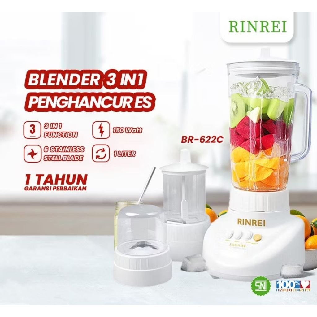 Blender Rinrei BR-622C 3in1 1L Wadah Plastik 3 Tabung
