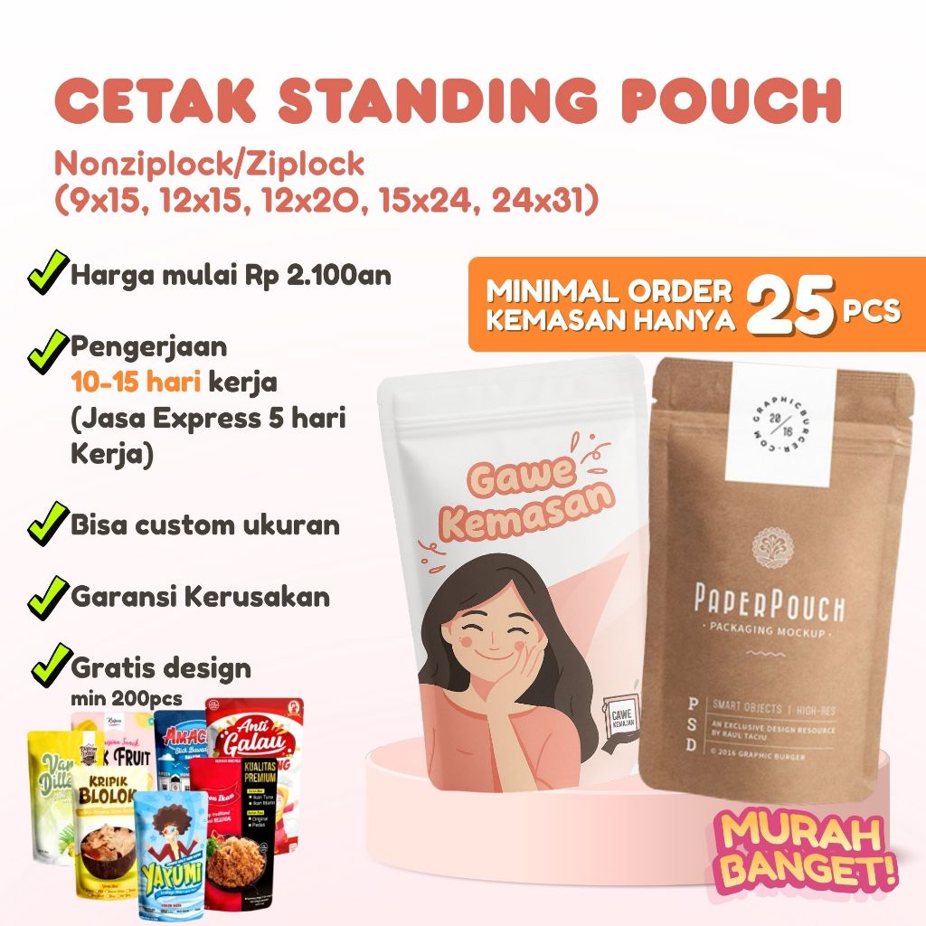 CUSTOM CETAK KEMASAN STANDING POUCH FULLPRINT PACKAGING NON ZIP