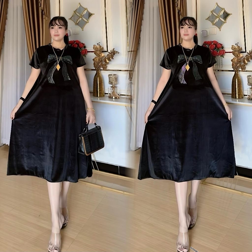 Dress bludru rumahan midi, Dada pita Lengan pendek Ld 110 PB 115