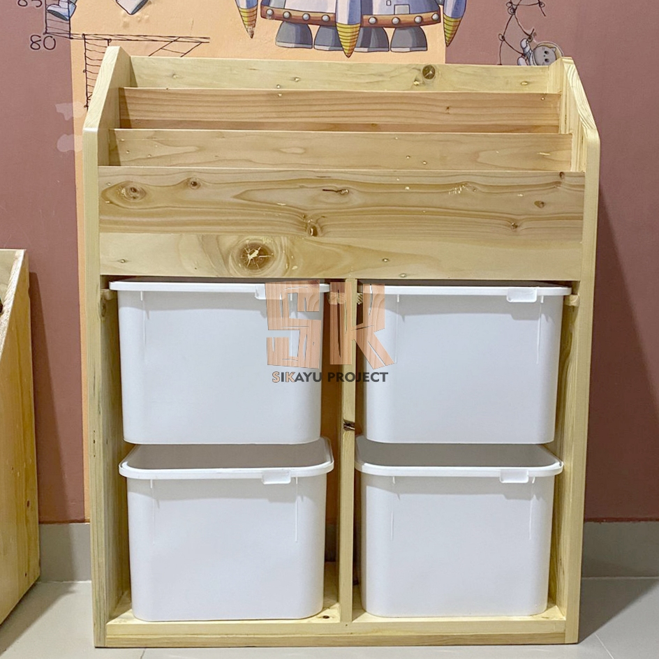 Rak Mainan Anak Minimalis 4 Box + Rak Buku Atas - Rak Buku Trofast Minimalis Kayu Jati Anak Serbagun