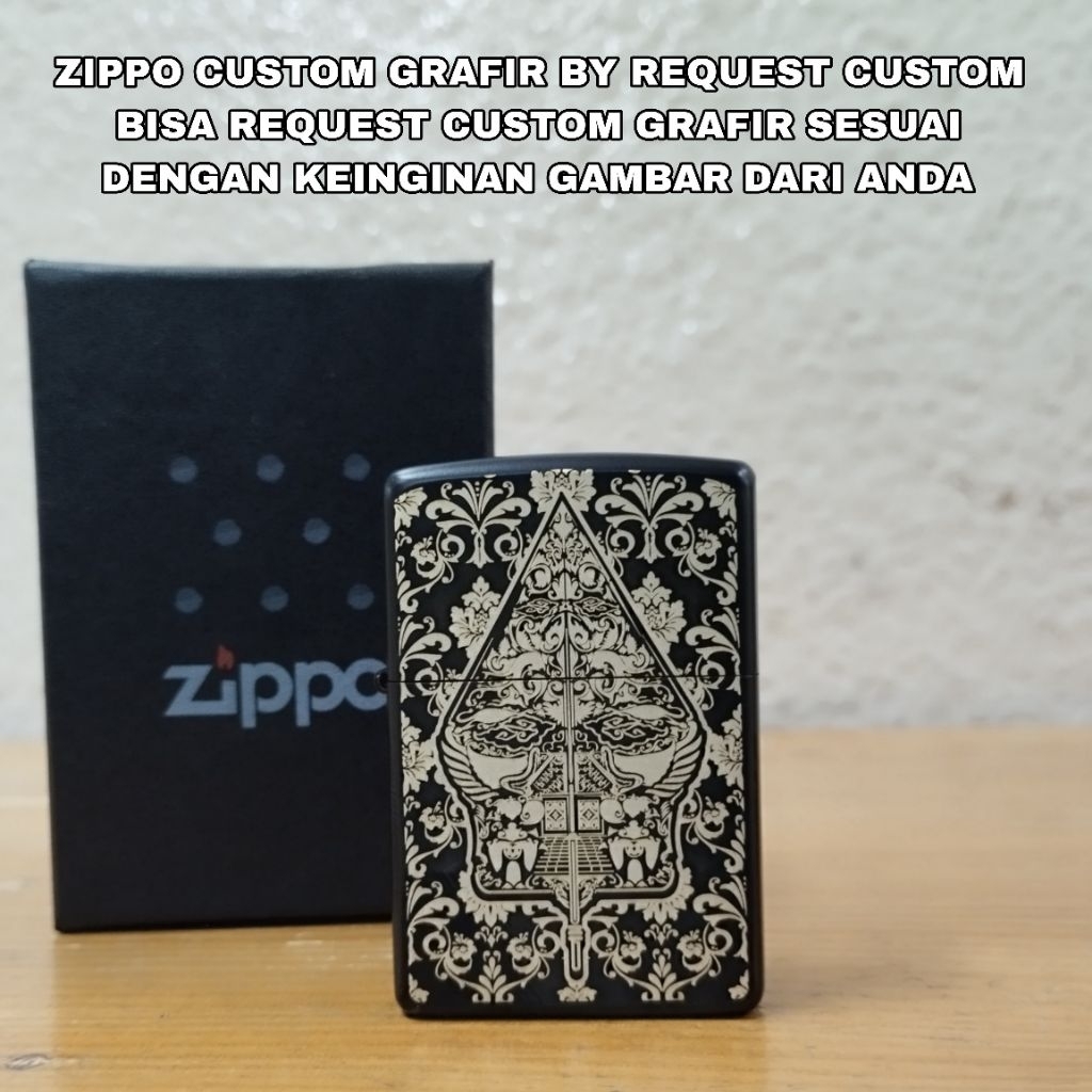 KOREK API ZIPPO BLACK MATTE CUSTOM GRAFIR WAYANG GUNUNGAN BATIK BACKGROUND DESIGN BISA REQUEST CUSTO