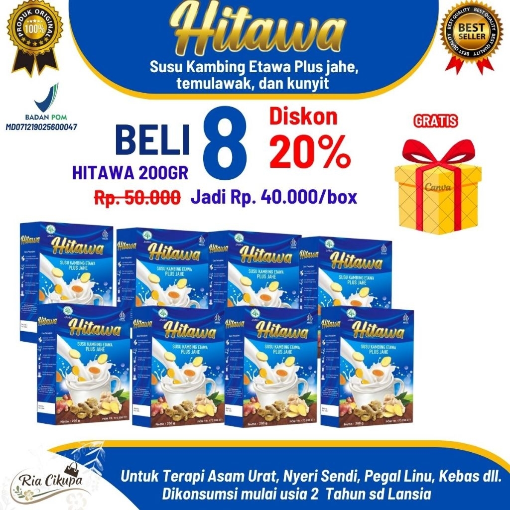 

PAKET RESELLER 8 BOX HITAWA 200gr Susu Kambing Etawa Jahe Temulawak Kunyit - Rematik, Nyeri Sendi