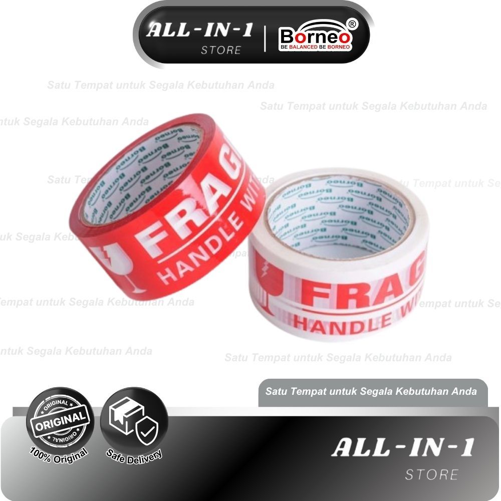 

Borneo Lakban OPP Fragile Jangan Dibanting Warna Merah Ukuran 48mm x 60 Yard, Solasi, Isolasi Kuat