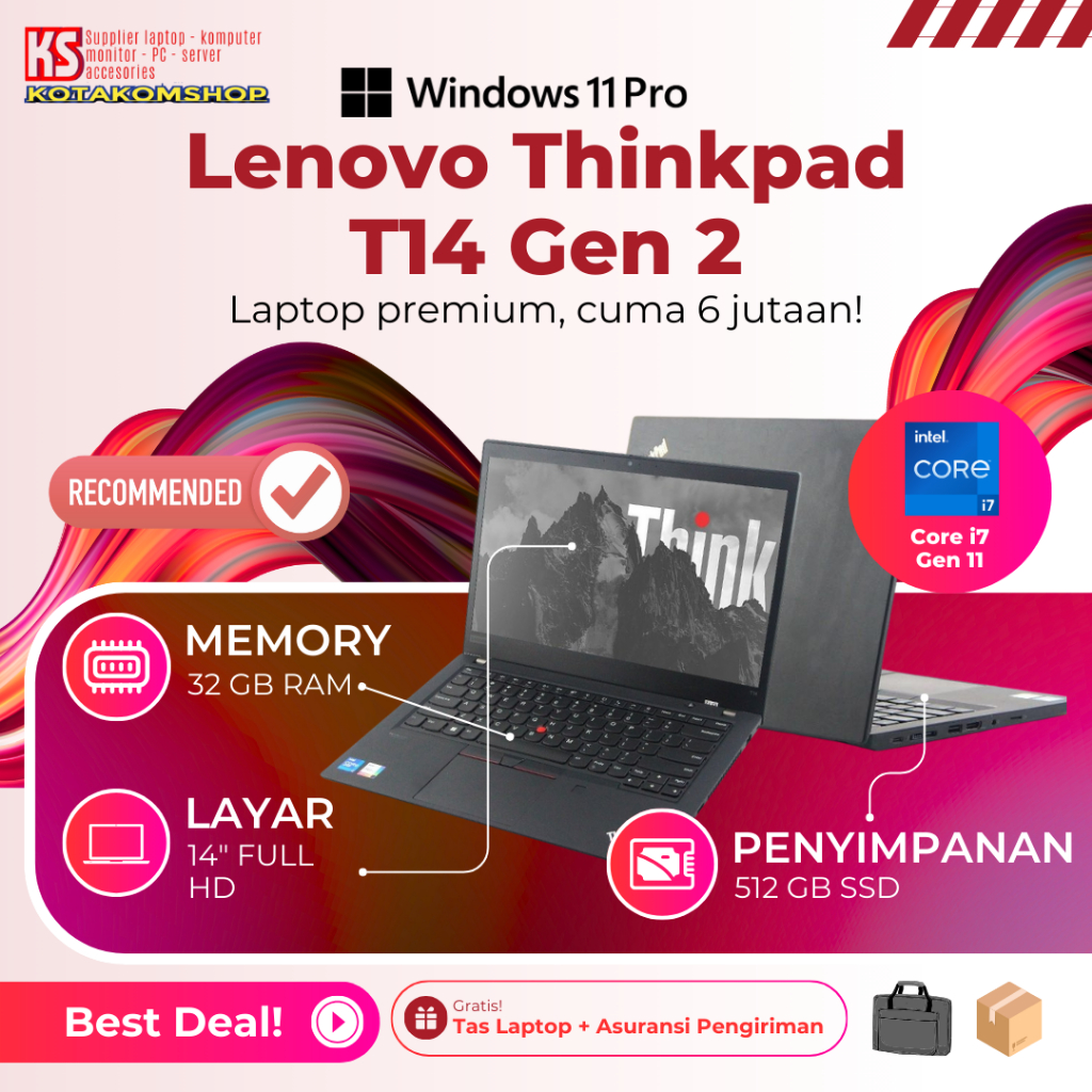 OBRAL Laptop Core i7 5 Jutaan Lenovo Thinkpad T14 Core i7 - 1185G7 Ram 32GB SSD 512GB 14" FHD