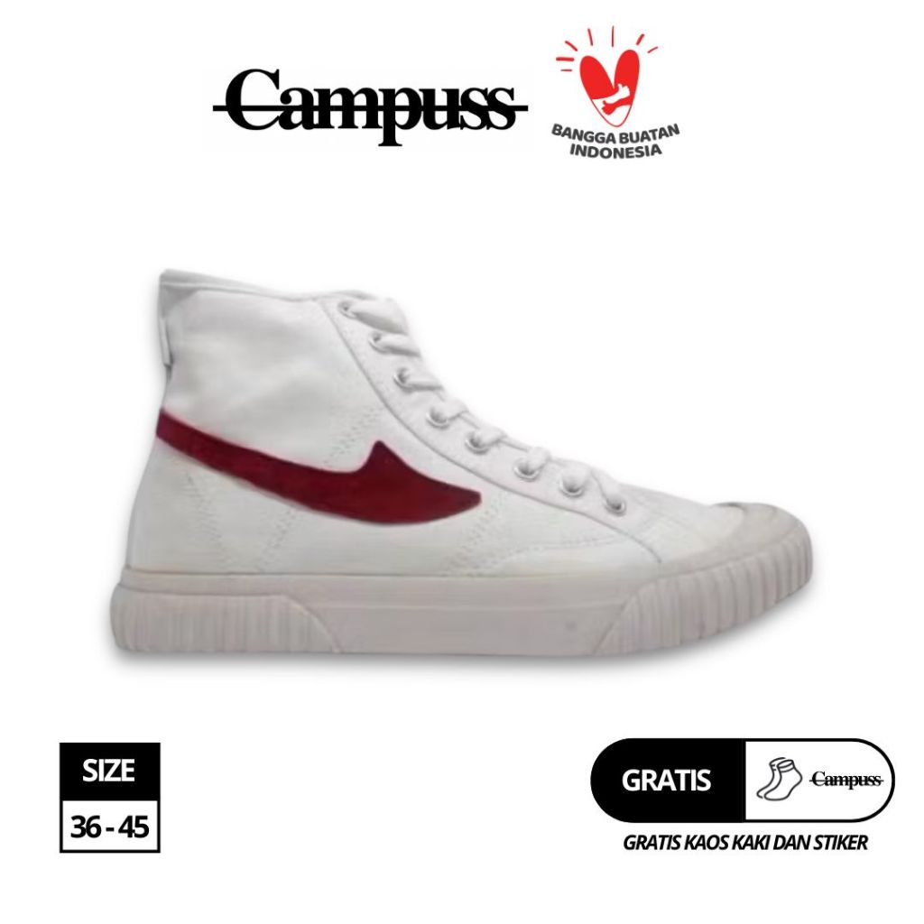 Campuss Semesta High White Red Sepatu Sneakers Casual Unisex Pria Wanita Size 36-45 Bahan Kanvas12oz