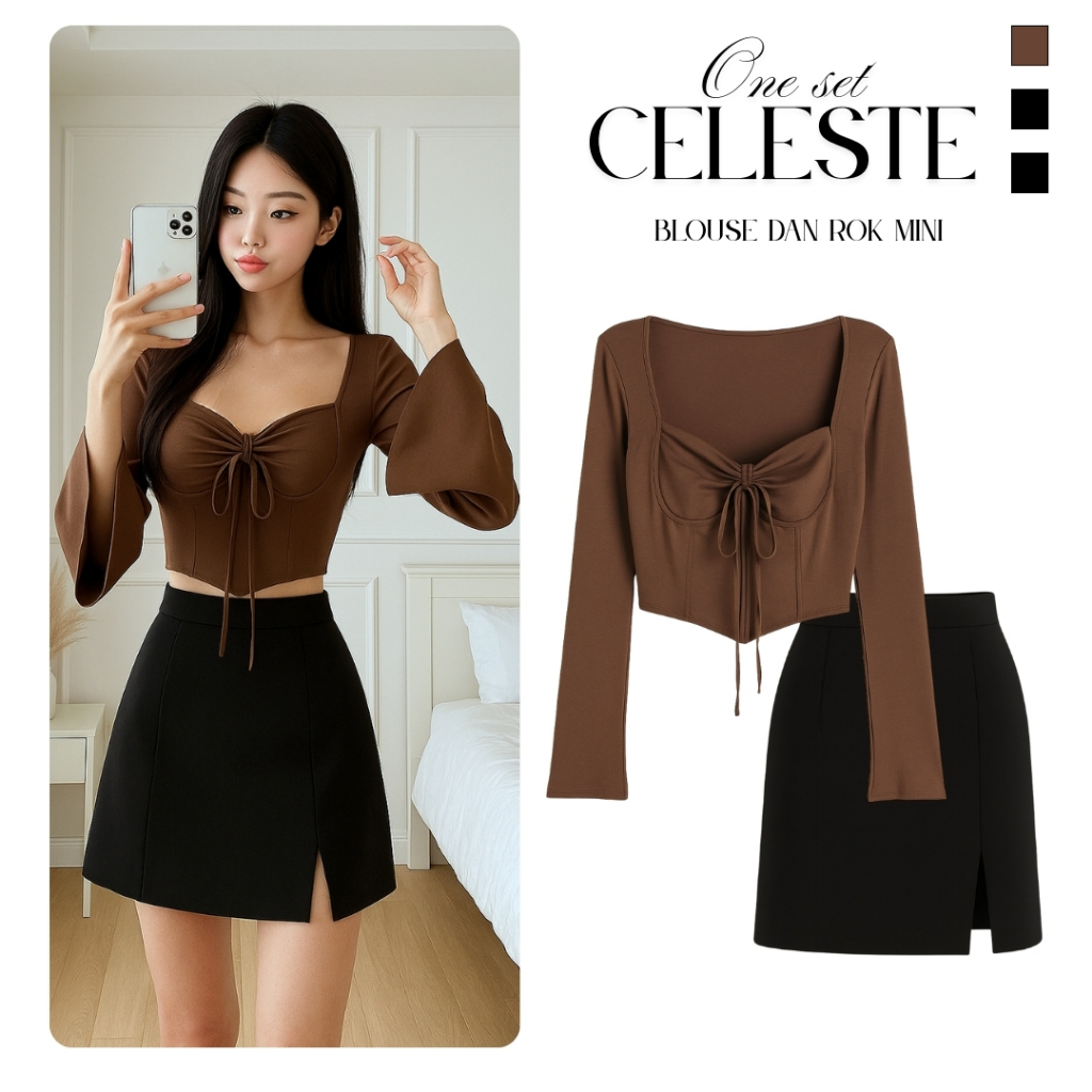 outfit wanita kekinian ( Longsleeve Knit Dropneedle + rok span ) setelan one set celeste remaja ootd