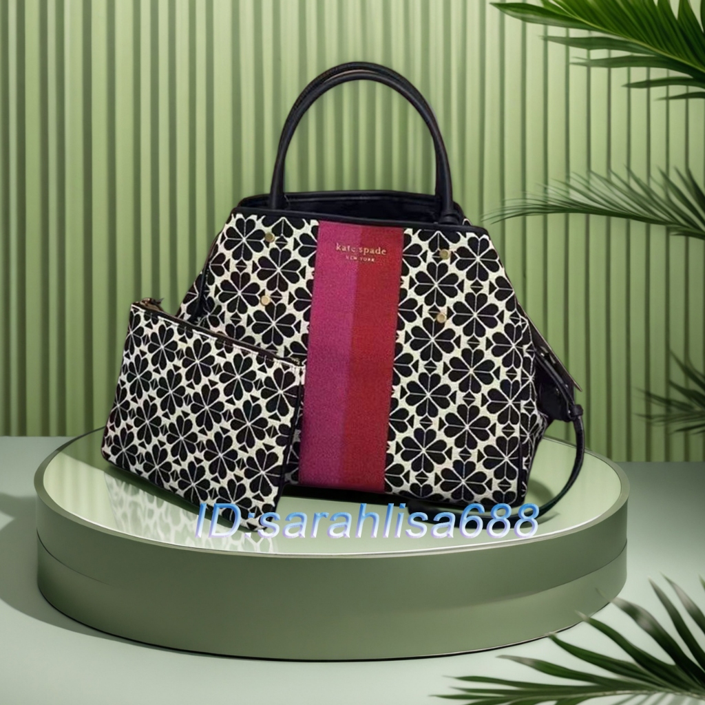 ORI Kate Spade Black Flowers American Premium Medium Canvas Periksa Tote Bag Bunga Bekas