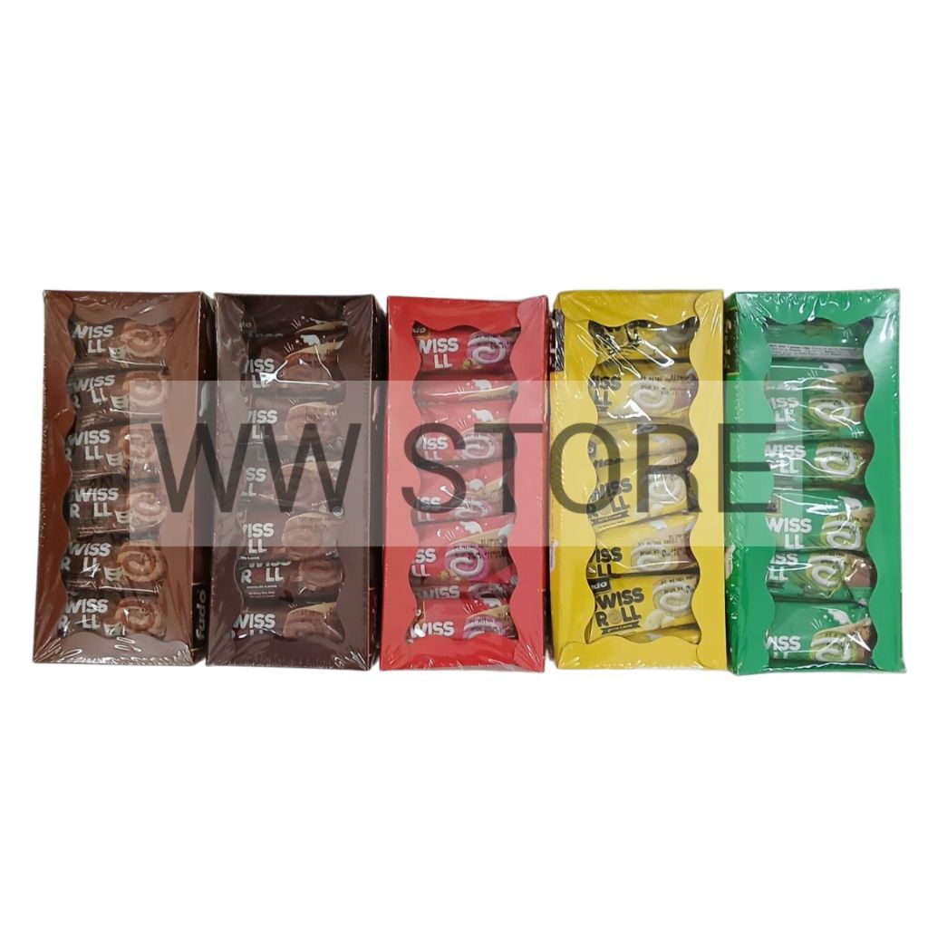 

Kek keik gulung perisa daun kopi coklat cokelat mentega stroberi halal MUI fudo Mini Roulés aux SWISS ROLL Butter / Tiramisu Coffee / Strawberry / Chocolate / Pandan 432g ( 24x18g )