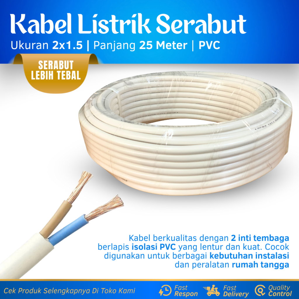 Kabel Listrik Serabut 2x1.5mm 1 Roll 25 Meter Kabel Listrik Tembaga Murni 2x1.5 Warna Putih Kabel Li