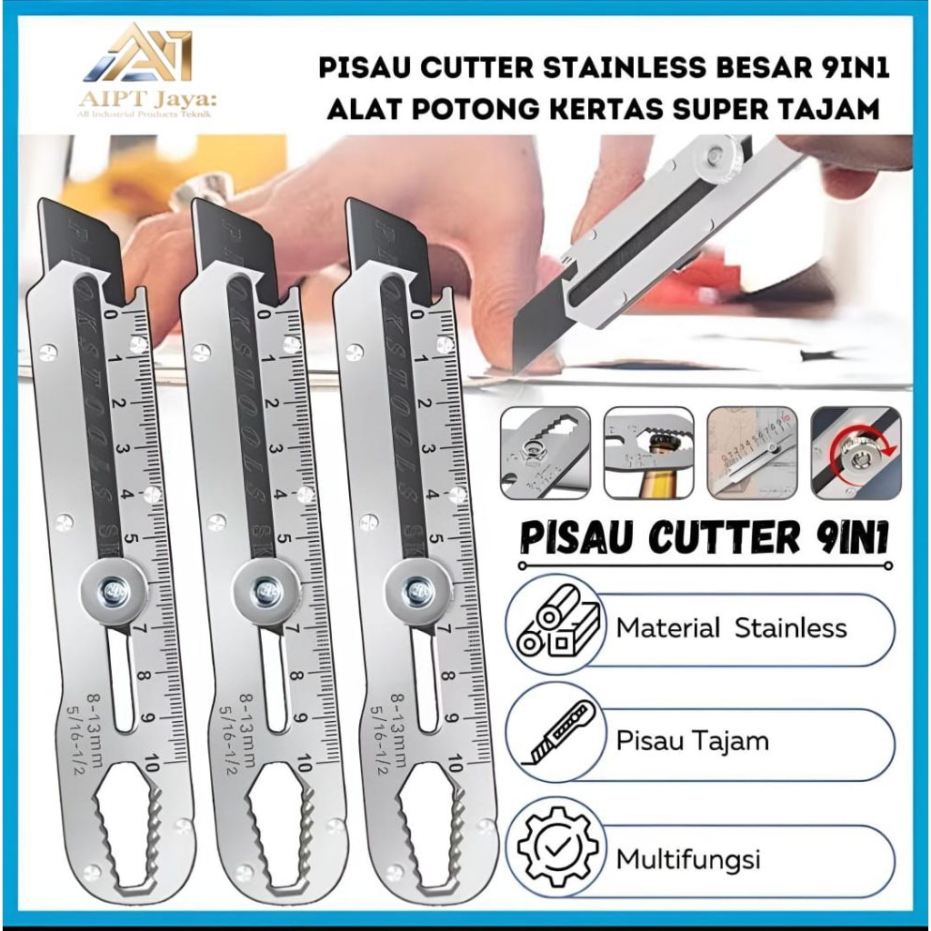 

Pisau Cutter Stainless Besar 9in1 Super Tajam Tahan Karat / Penggaris Screw Buka Kaleng Tutup