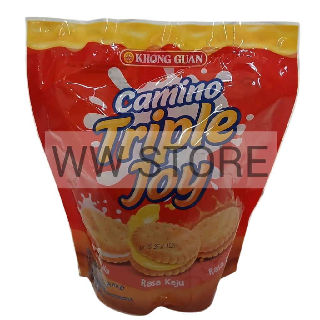 

Biskuit lapis aneka rasa vanila keju karamel halal MUI KHONG GUAN Camino Triple Joy Vanilla Cheese Caramel sandwich biscuit 120g ( 6pcs x 20g )