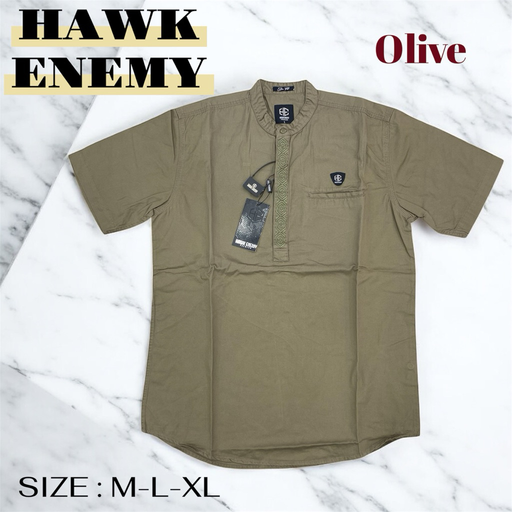 Kemeja kerah koko lengan pendek HAWK ENEMY motif bordir di dada bahan cotton twill original