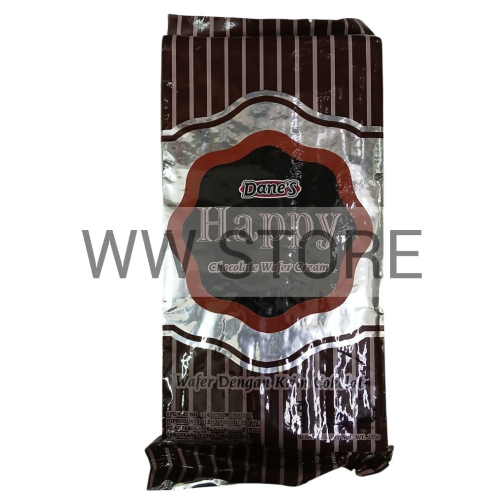 

Cemilan snek makanan ringan wafer dengan krim rasa coklat cokelat halal MUI Dane's Danes Dane Happy Chocolate Cream Wafers 235g