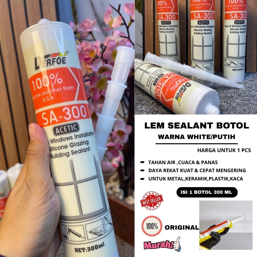 Lem Kaca / Lem Kayu / Lem Besi Silicone Sealant DERFOE SA300 300ml (SEALANT ACETIC) Asam