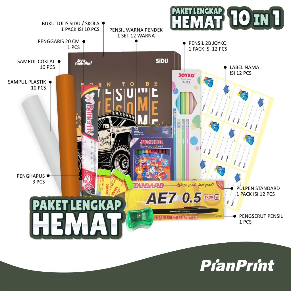 

PAKET HEMAT 10 IN 1 Paket Alat Tulis Sekolah Lengkap | Set buku tulis sidu sampul