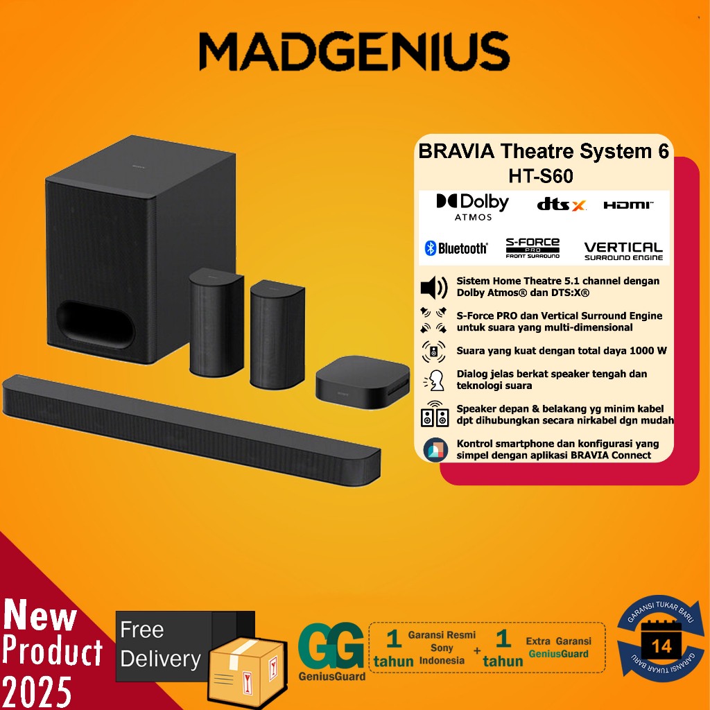 SONY Original BRAVIA Theatre System 6 HT-S60 Soundbar 5.1ch Home Theatre System - Garansi Resmi Sony