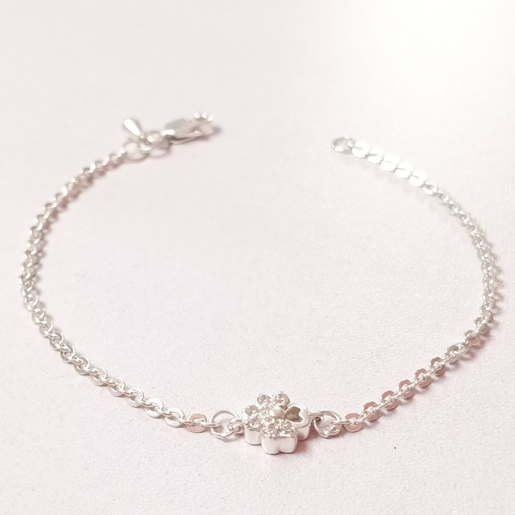 Gelang Tangan Model Rantai Medan Perak Asli Silver 925 Lapis Emas Putih/Gelang Wanita Model Bunga Pe