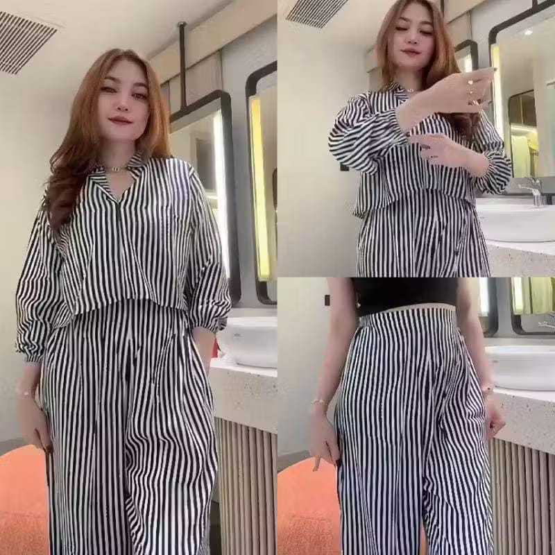 SET KULOT MOTIF GARIS SALUR BAJU SETELAN WANITA ATASAN CELANA KULOT CASUAL REMAJA KEKINIAN TERBARU