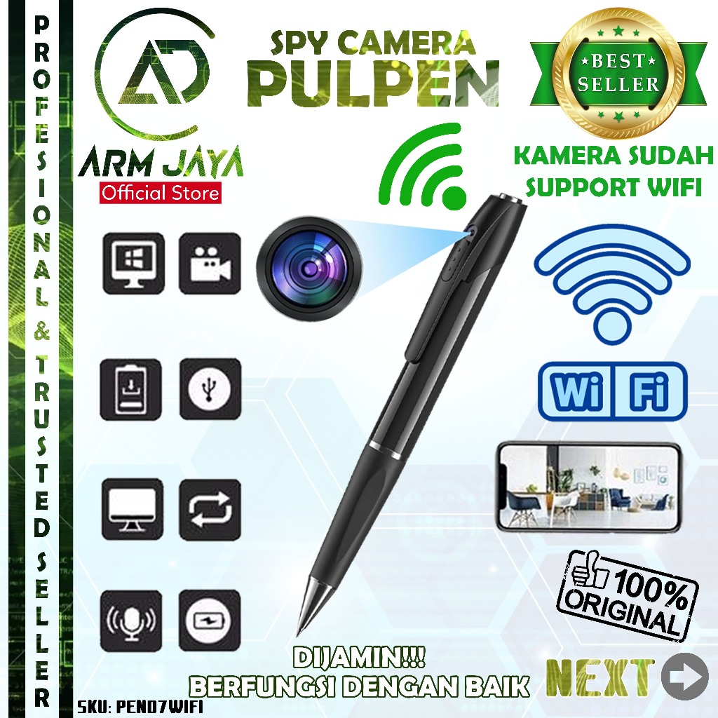 Armjaya Hidden Kamera Pulpen D7-W WiFi 1080p Spy Camera PEND7WIFI Pena Pen Cam Vidio Audio Recorder