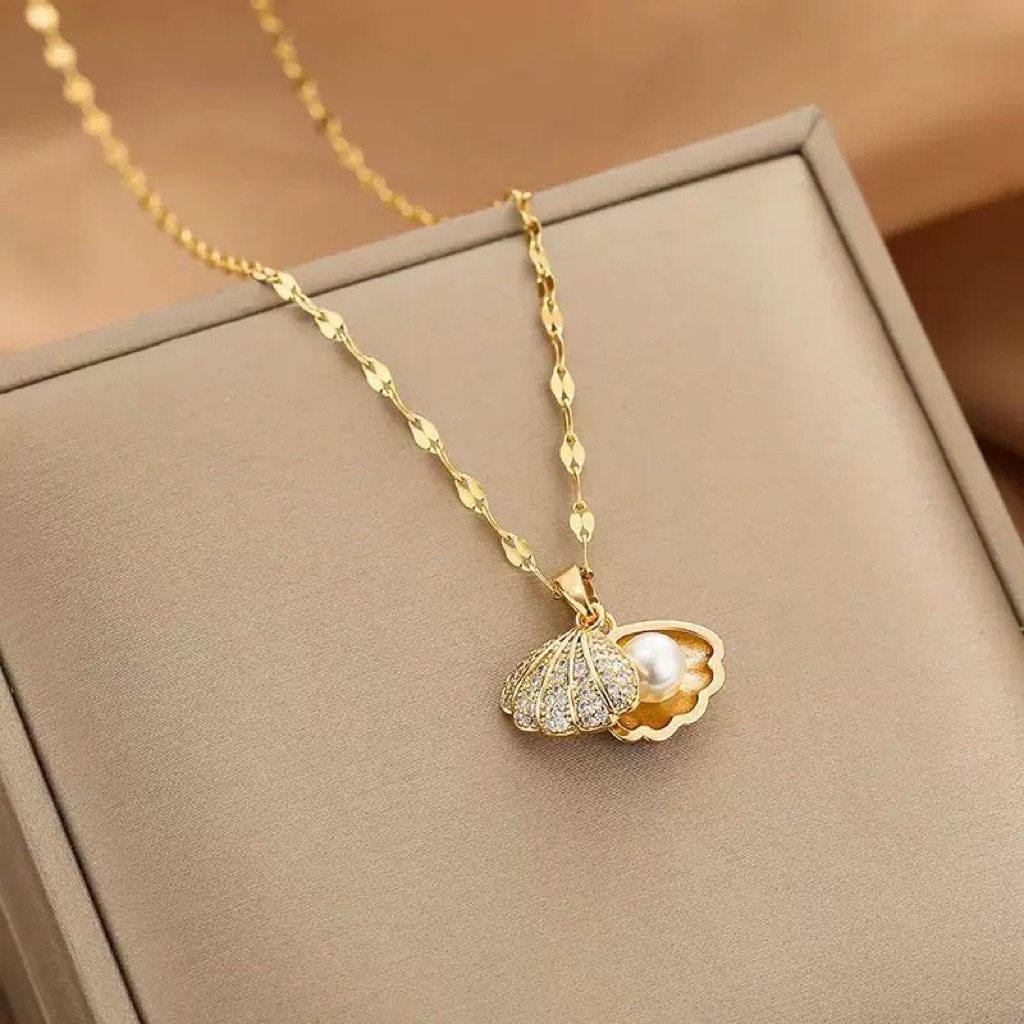 Kalung Liontin Mutiara Rhodium Asli Pearl Jewelry Kalung Kerang Kecil D024 Perhiasan Wanita