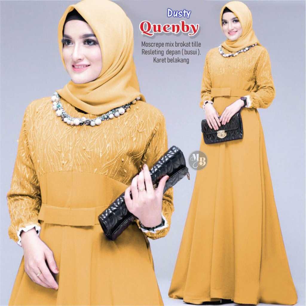 GAMIS QUEENBY SATIN MOSCREPE KOMBINASI BROKAT TILE MUTIARA MEWAH MAXI DRESS SYAR'I GAUN PESTA REMAJA