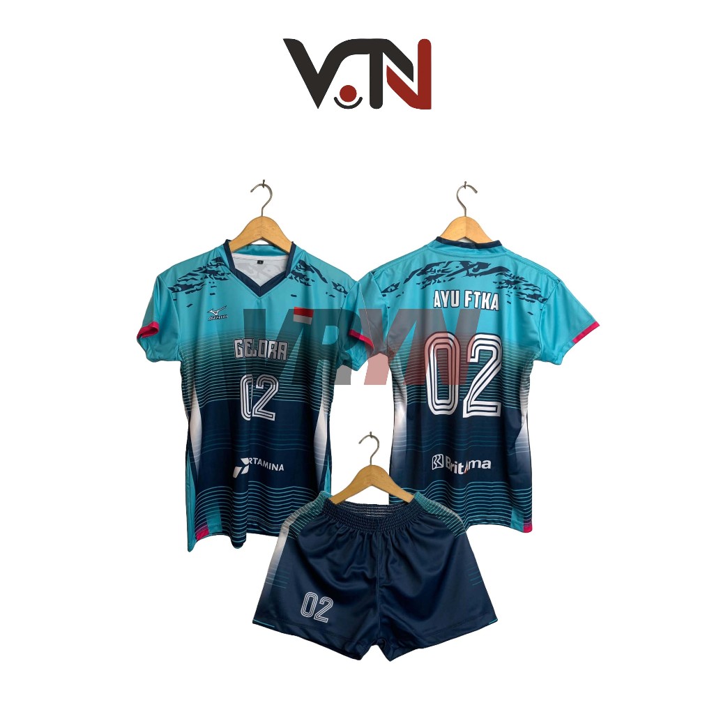 Jersey Volly Cowo Custom Biru Garis - Bisa Nama Nomor Tim & Sponsor - VRYN
