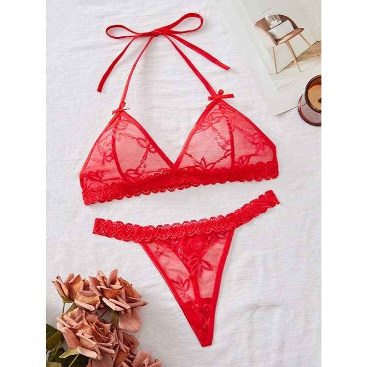 Lingerie Set Bikini Wanita Renda Sexy Transparan Bra set G String SM044