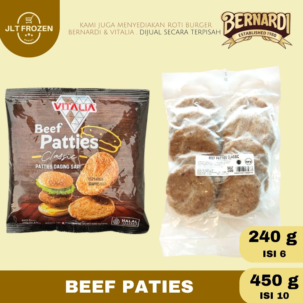 

Bernardi Beef Patties Classic Isian Burger Kemasan Isi 6 [240G]