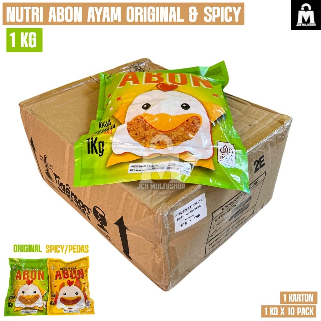 

Nutri Abon Ayam Premium Original & Spicy/pedas 1 karton / 1 kg x 10 pack