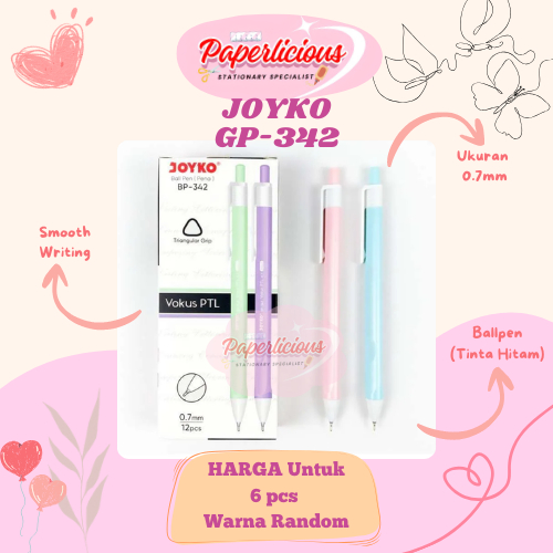 

6 PCS Pulpen Mekanik / Cetek / Retractable Ball Pen Pastel Joyko Vokus BP-342 Eceran Murah Warna RANDOM