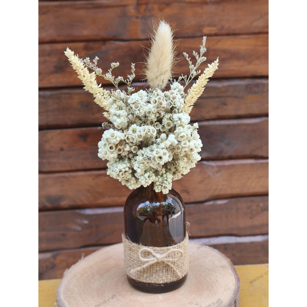 set vas bunga kering hiasan meja / set vas bunga edelweiss lagurus jawan caspea