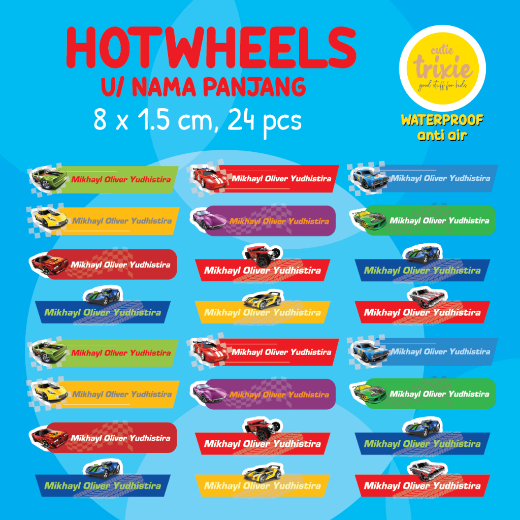 

Sticker label nama anak waterproof Hotwheels long name