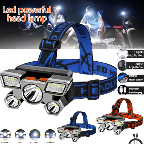 Headlamp Senter Kepala 5 LED || Lampu Camping Hiking Outdoor || Rechargeable Headlamp USB