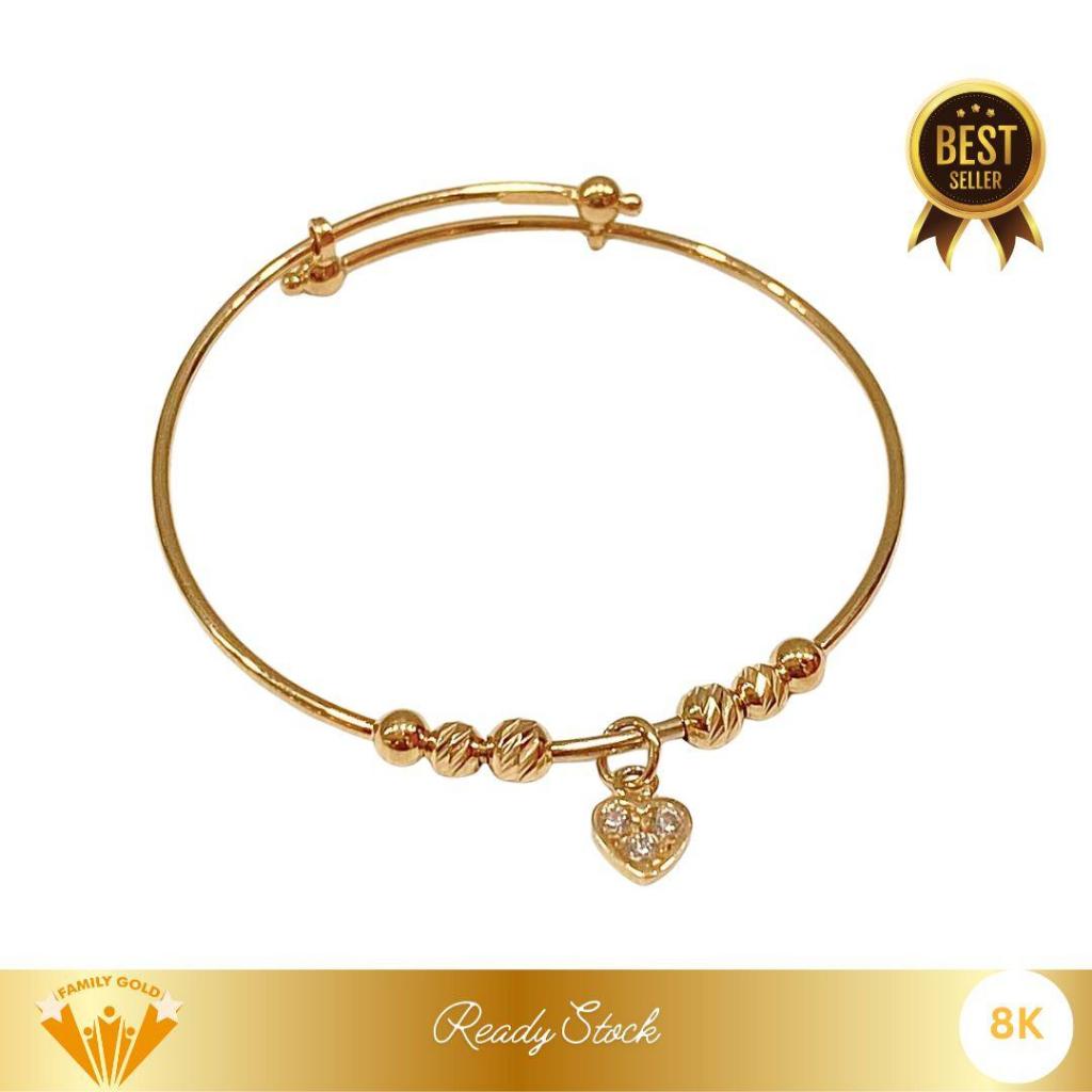 Gelang Emas Anak Kadar 8K Model Bangle Drop Heart Serut Adjustable Family Gold