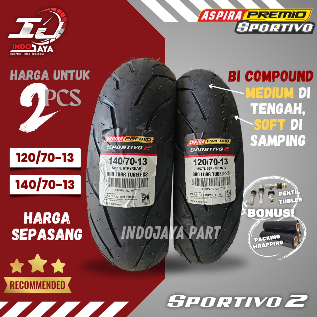 [HARGA SEPASANG] BAN LUAR ASPIRA PREMIO SPORTIVO 2 ( 120/70-13 + 140/70-13 ) BAN LUAR TUBELESS PREMI