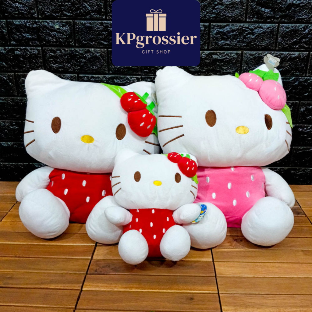 Boneka Hello Kitty Jumbo Lucu Import Baju Kostum Strawberry Merah dan Pink 24, 35 dan 42 cm
