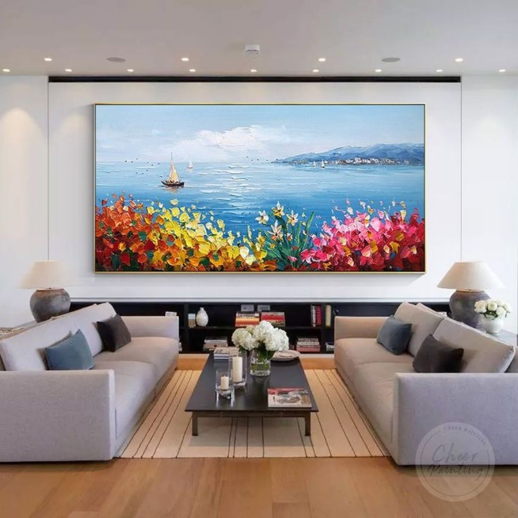 lukisan pemandangan laut tekstur timbul, minimalis modern