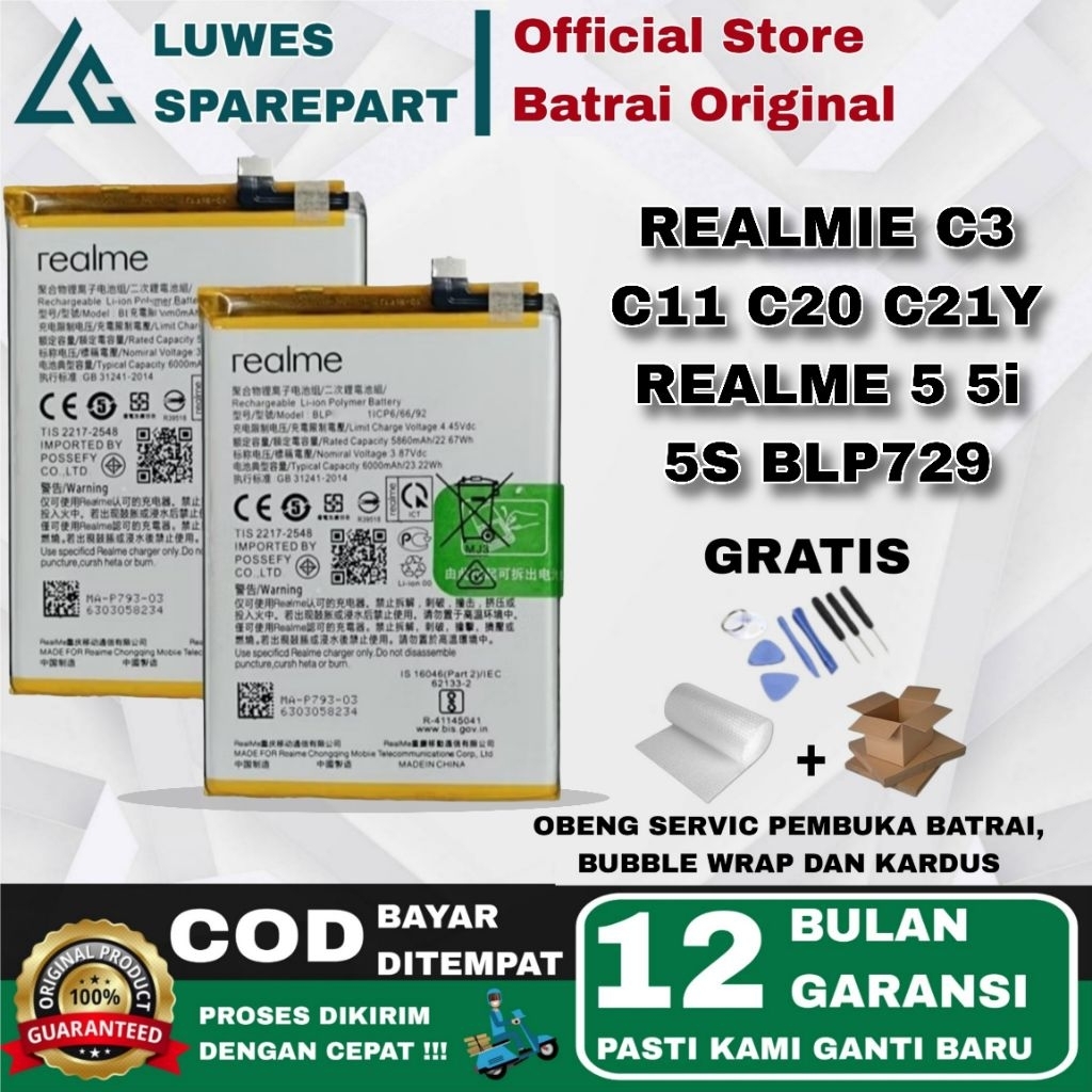 BATRAY BATRAI BATRE REALMIE C3 C11 C20 C21Y REALME 5 5i 5S BLP729 ORI