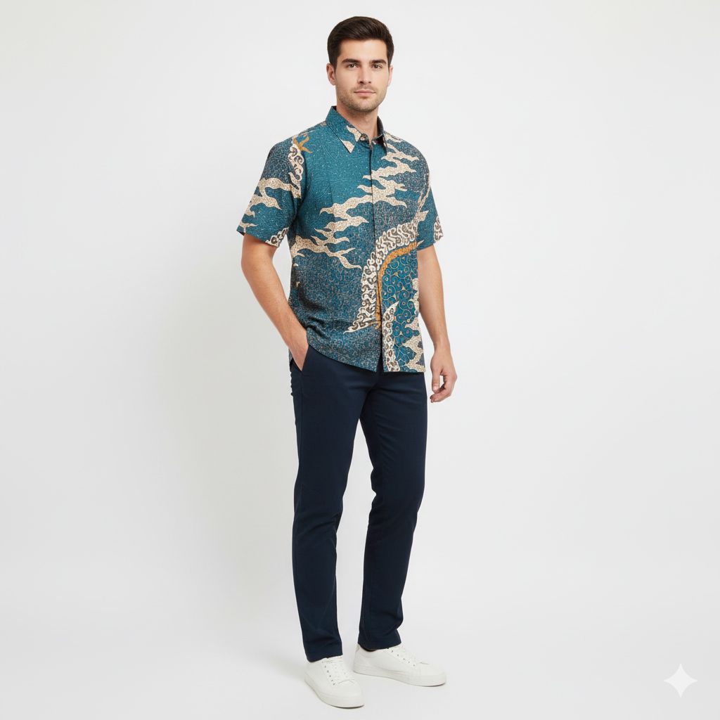 Batik Pria Lengan Pendek Emerald Bahan Katun HM3319 Baju Seragam Pesta Pernikahan Dan Kantor