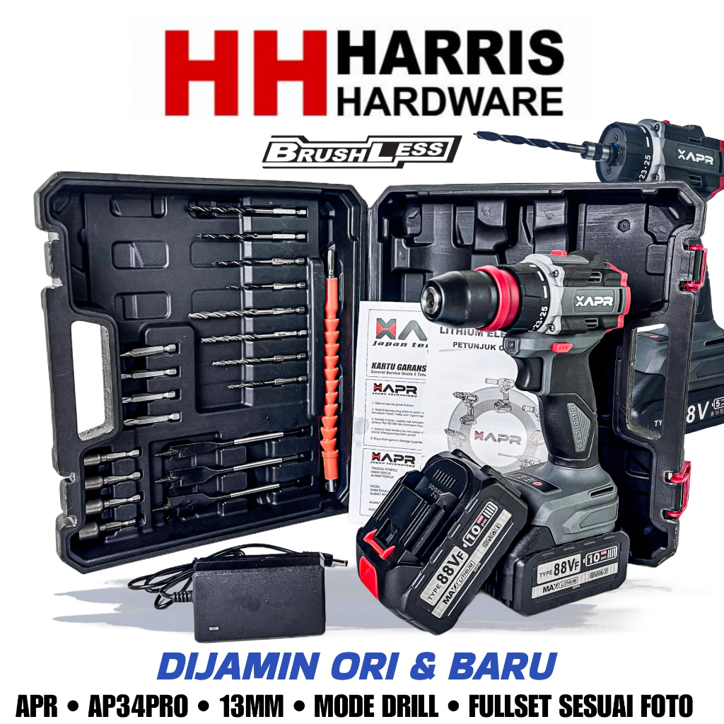 BOR BATERAI APR AP34PRO SCREW BAJA RINGAN BESI KAYU BOR KEYLESS HEX AUTOLOCK 2 BATERAI 10 CELL 10MM