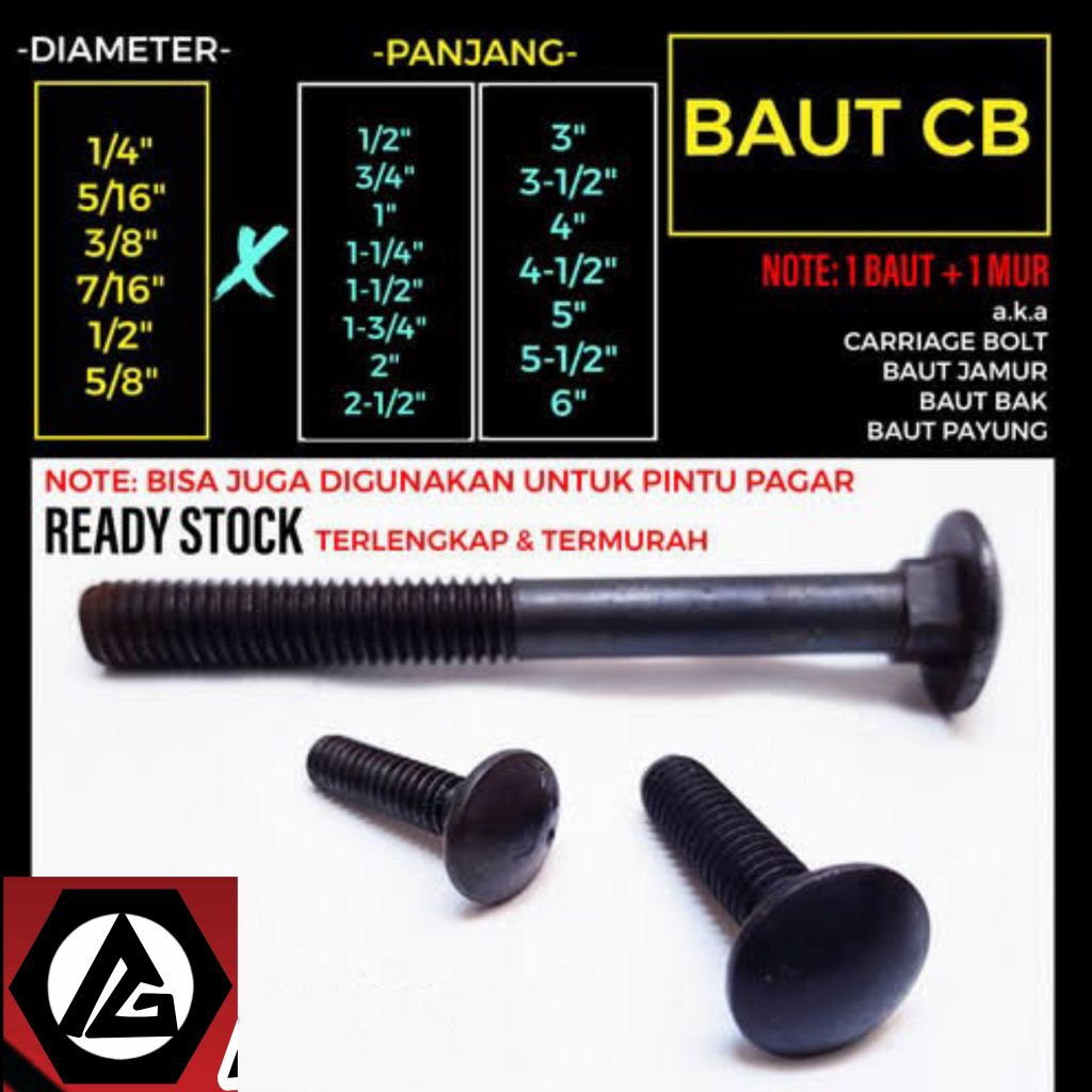 Baut Mur CB 1/4" x 5 1/2" (14 cm) Kunci 10 / Payung Carriage Bolt / Baut Payung