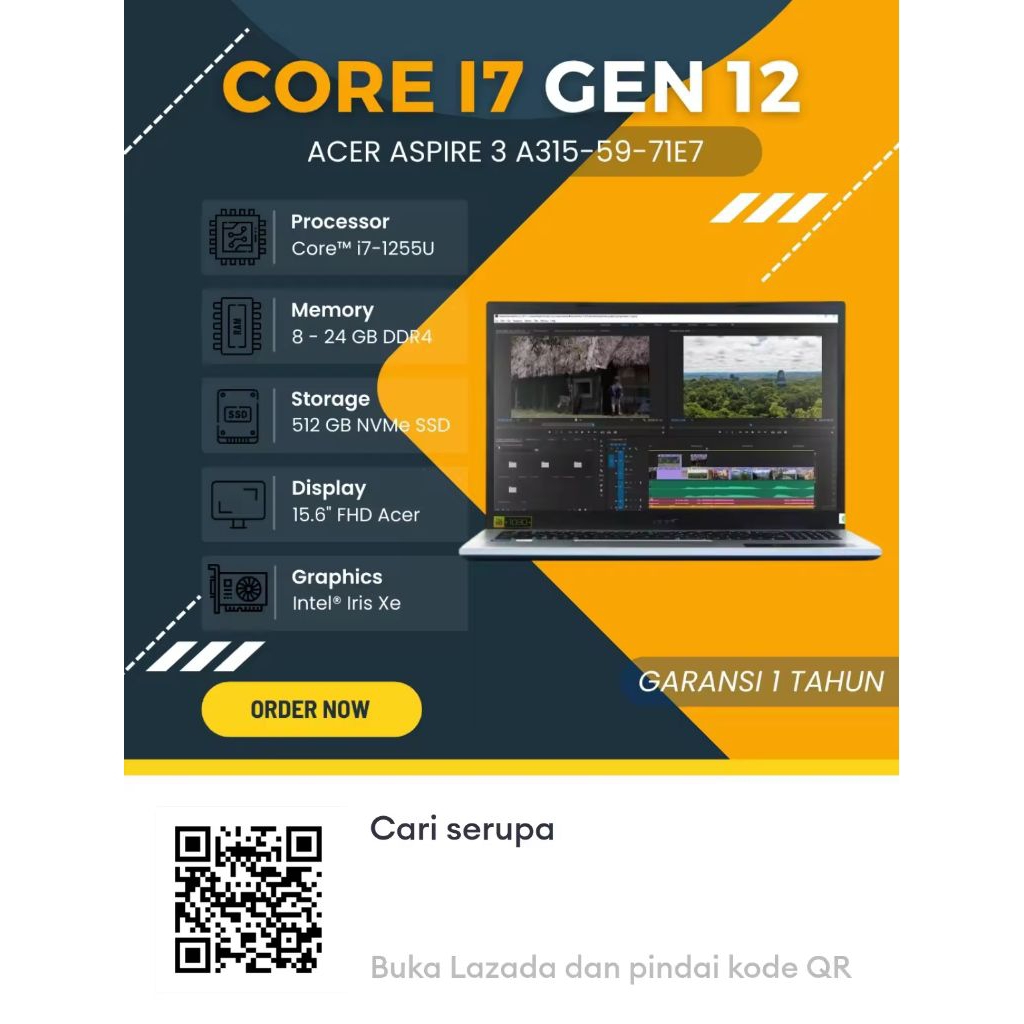 Laptop Acer Core I7 Gen 12 - Acer Aspire 3 A315-59-71E7 [Core I7-1255U | 24 GB | 512 GB SSD | Intel 