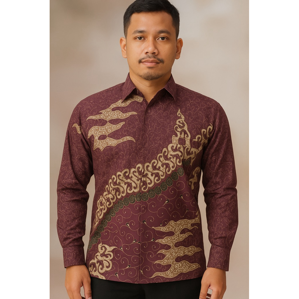 Toko hamid - Baju Batik Pria Lengan Panjang - Katun - Bathara - burgundy