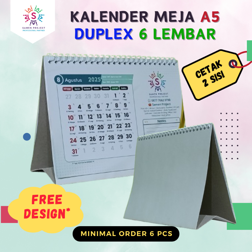 

Cetak Kalender Meja Duduk A5 Duplex Spiral 6 Lembar 1 atau 2 sisi Bolak Balik Custom dan Free Design